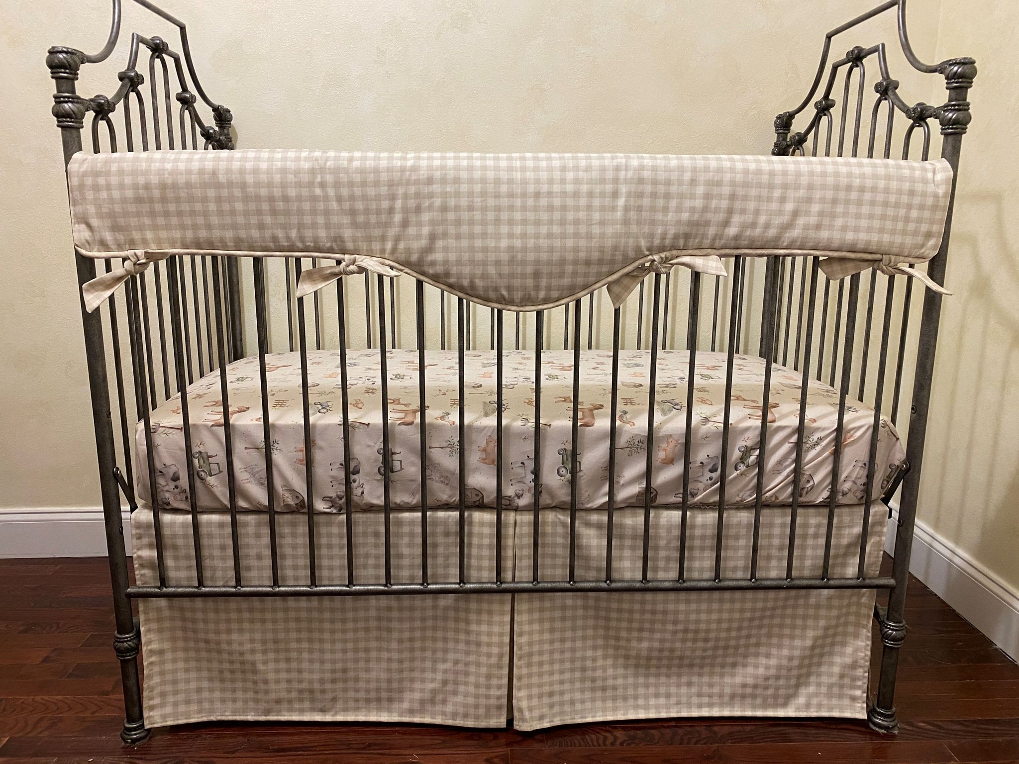 Khaki Tan Gingham with Farm Animals Crib Bedding