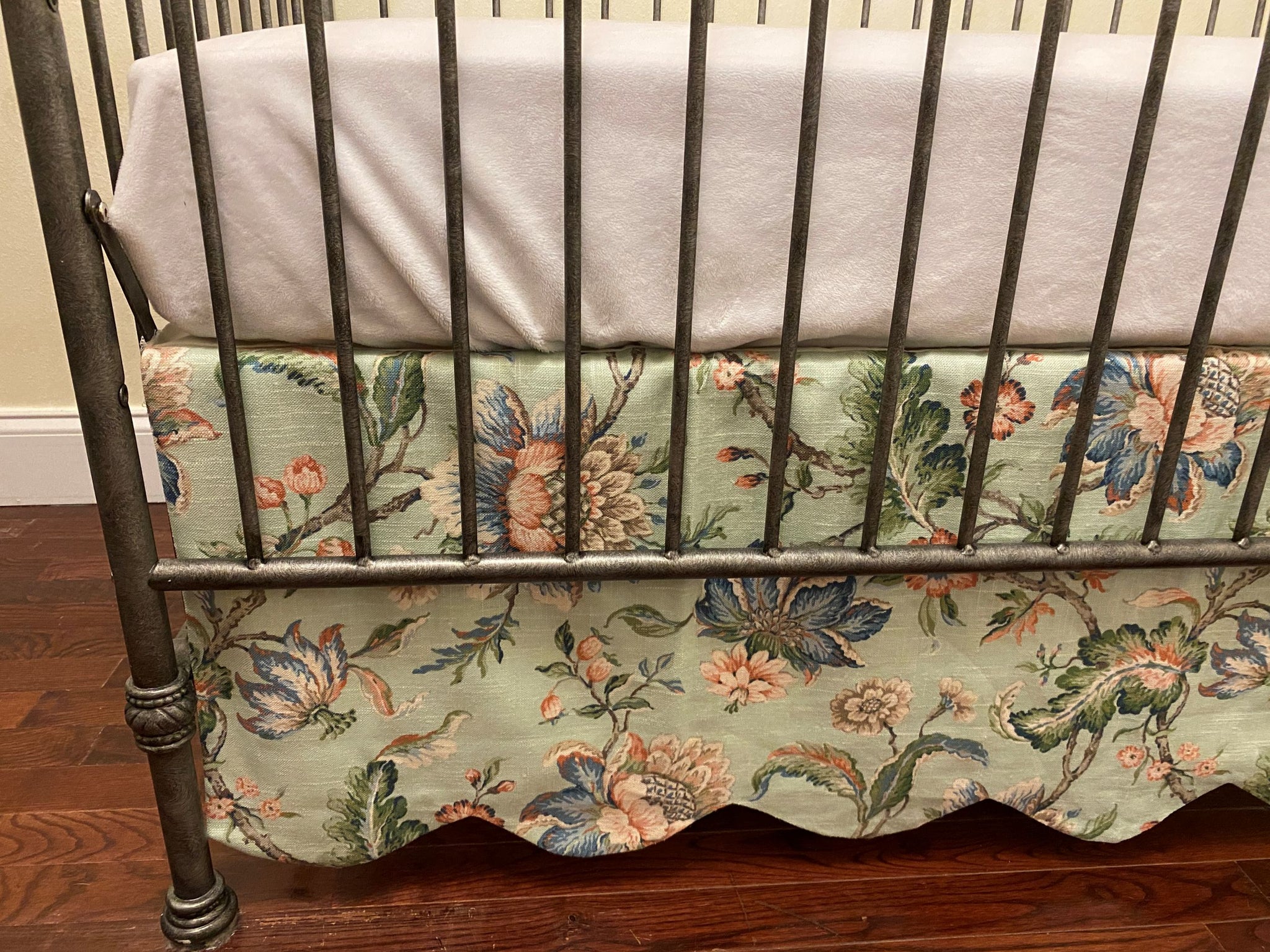 Green, Blush, and Blue Floral Scalloped Edge Crib Skirt