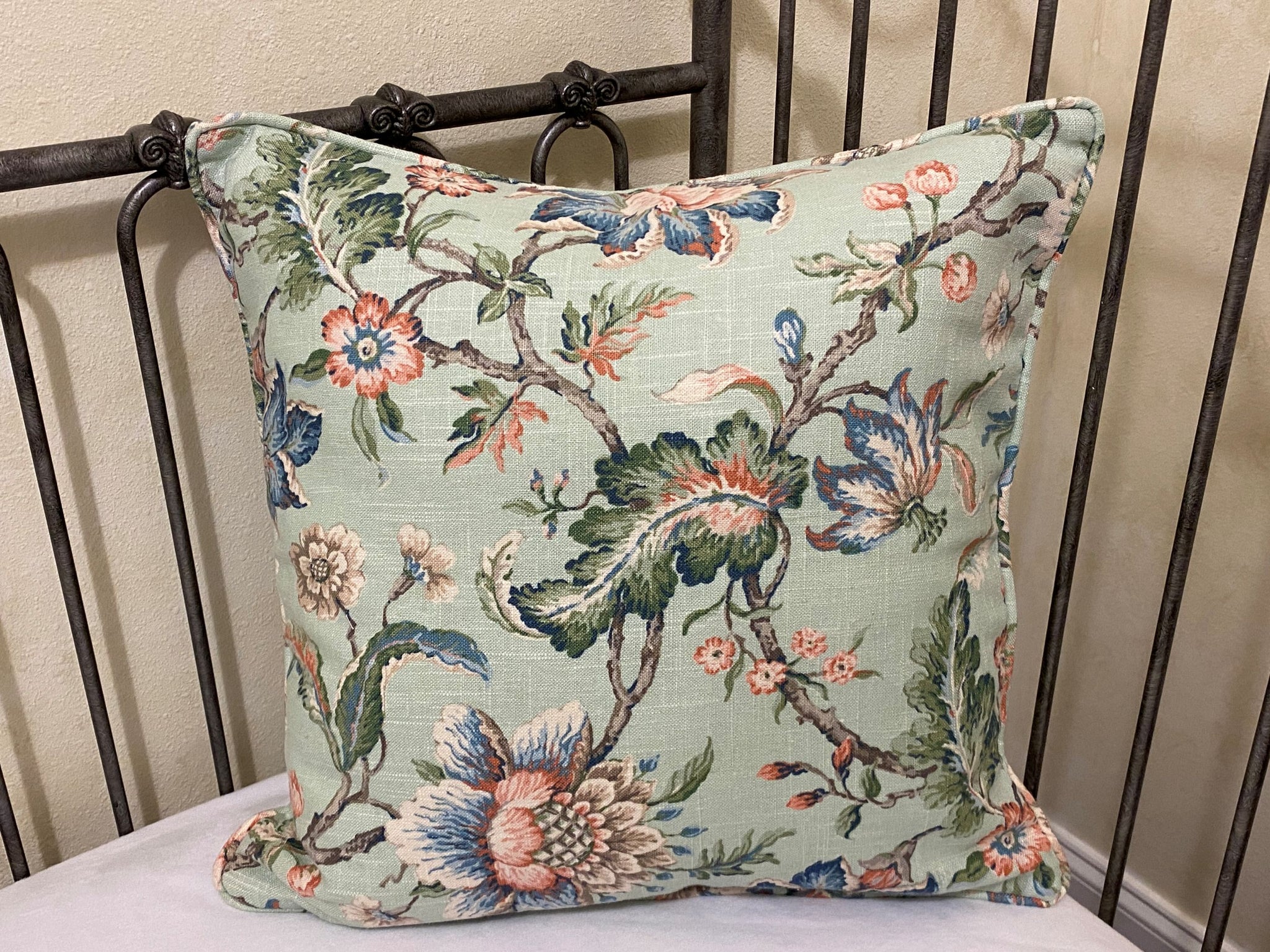 Green, Blush, and Blue Floral Pillow Cover
