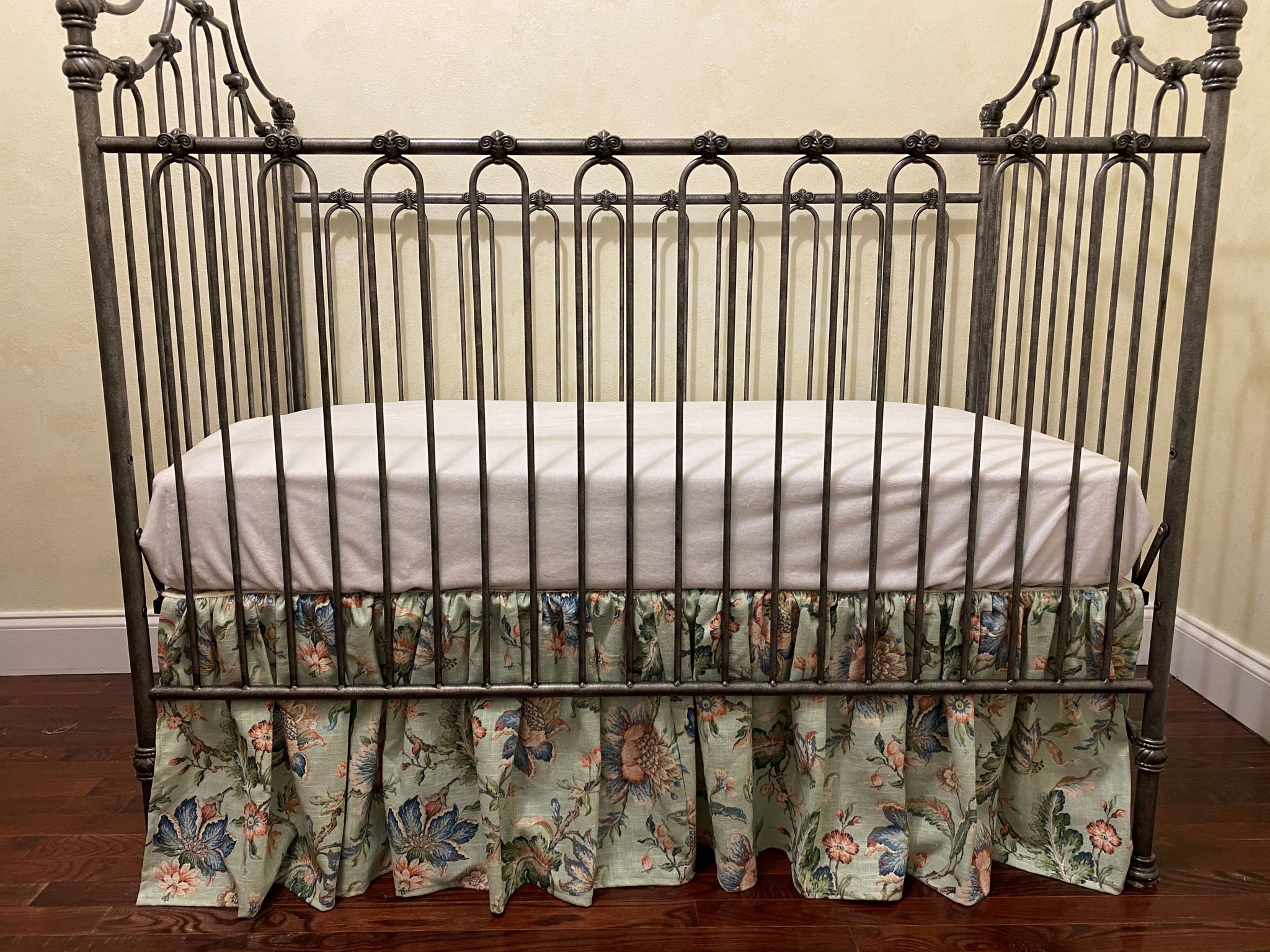 Green, Blush, and Blue Floral Gathered Crib Skirt