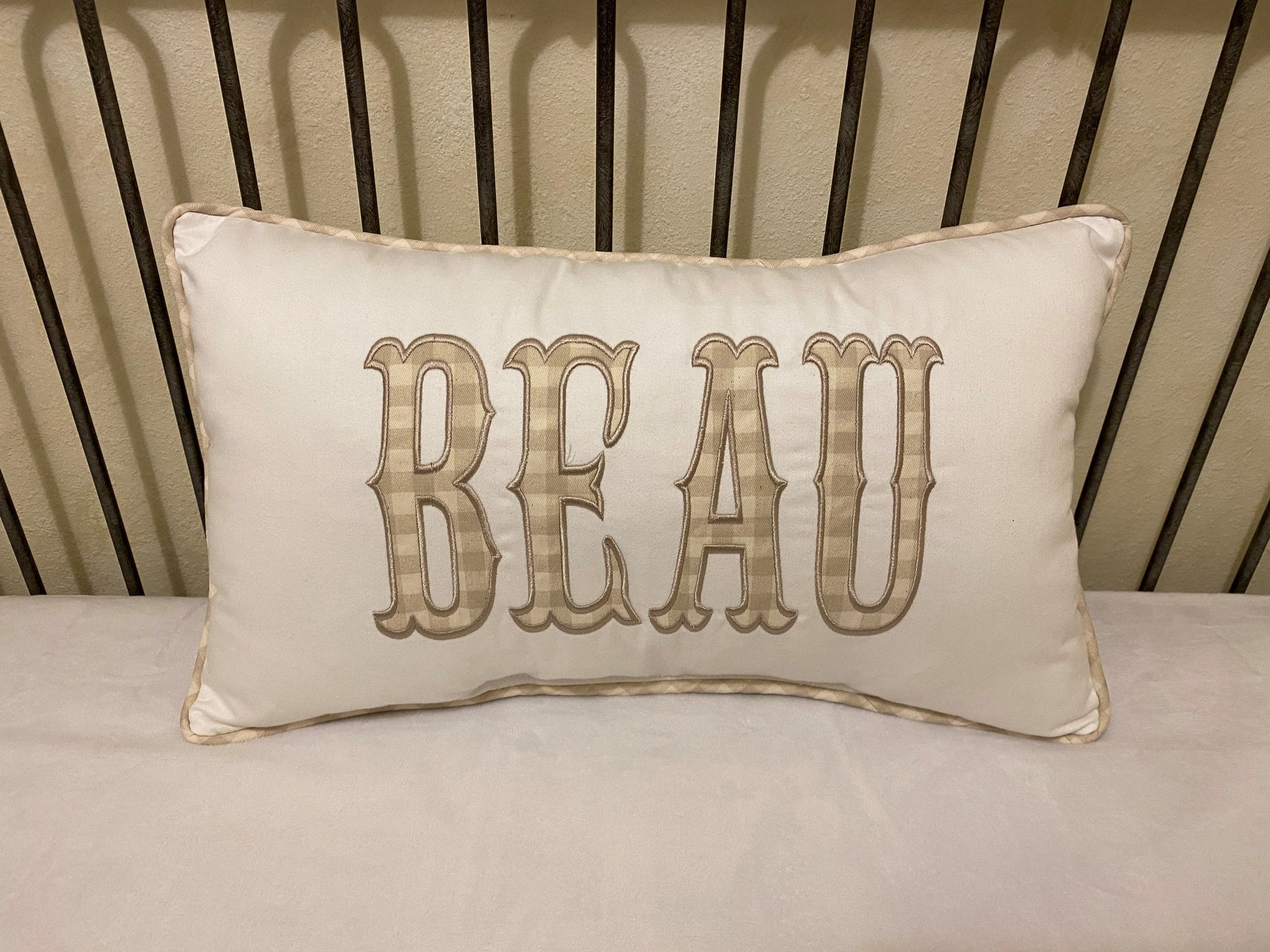 White and Khaki Gingham Personalized Pillow with Appliqued Name