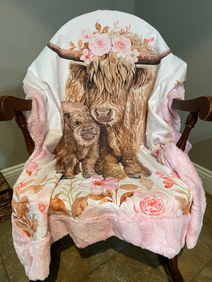 Baby Girl Soft Pink Scottish Floral Highland Cow Blanket, Blanket, Crib Blanket, Girl Baby Blanket, Minky Blanket, Personalized Blanket