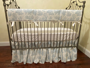 Blue Toile Crib Bedding, Neutral Baby Bedding, Crib Rail Cover, Gathered Crib Skirt