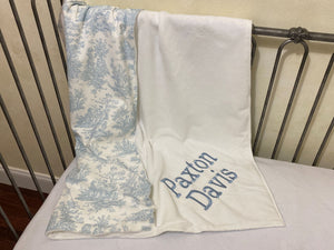 Blue Toile Crib Bedding, Neutral Baby Bedding, Crib Rail Cover, Gathered Crib Skirt
