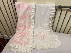 Pink Toile Crib Bedding, Girl Baby Bedding, Scalloped Crib Rail Cover, Gathered Crib Skirt