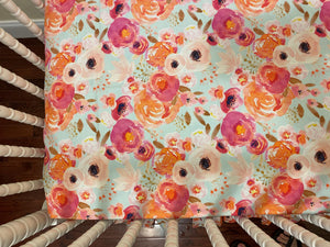 Ecru Plaid and Orange Floral Baby Girl Crib Bedding, Buffalo Check Girl Baby Bedding, Crib Rail Cover