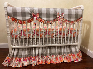 Ecru Plaid and Orange Floral Baby Girl Crib Bedding, Buffalo Check Girl Baby Bedding, Crib Rail Cover