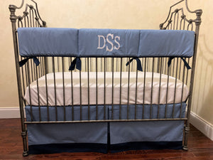 Denim Blue and Navy Baby Boy Crib Bedding Set, Crib Rail Cover, Crib Skirt, Baby Blanket