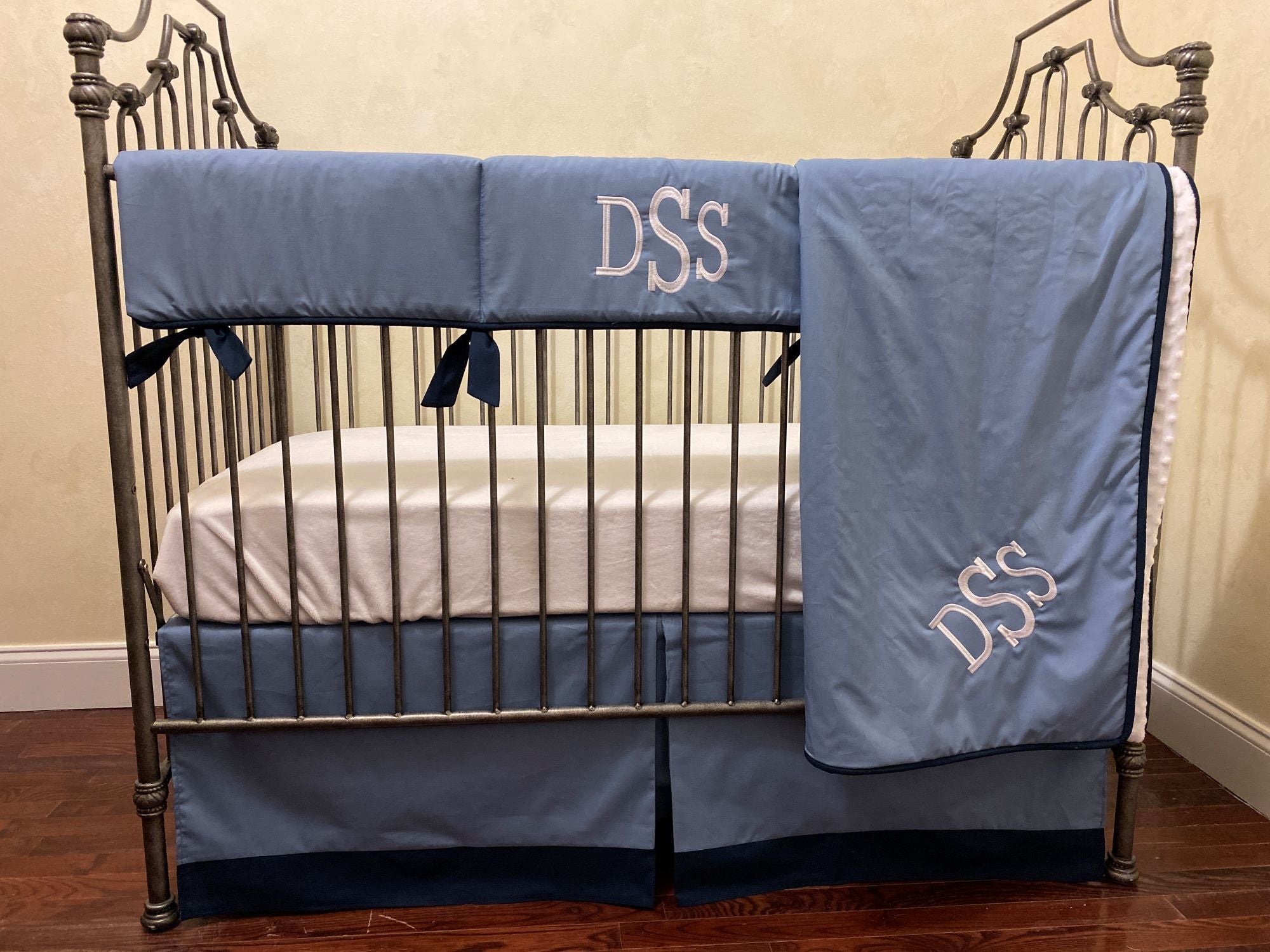 Denim Blue and Navy Baby Boy Crib Bedding, Crib Rail Cover, Crib
