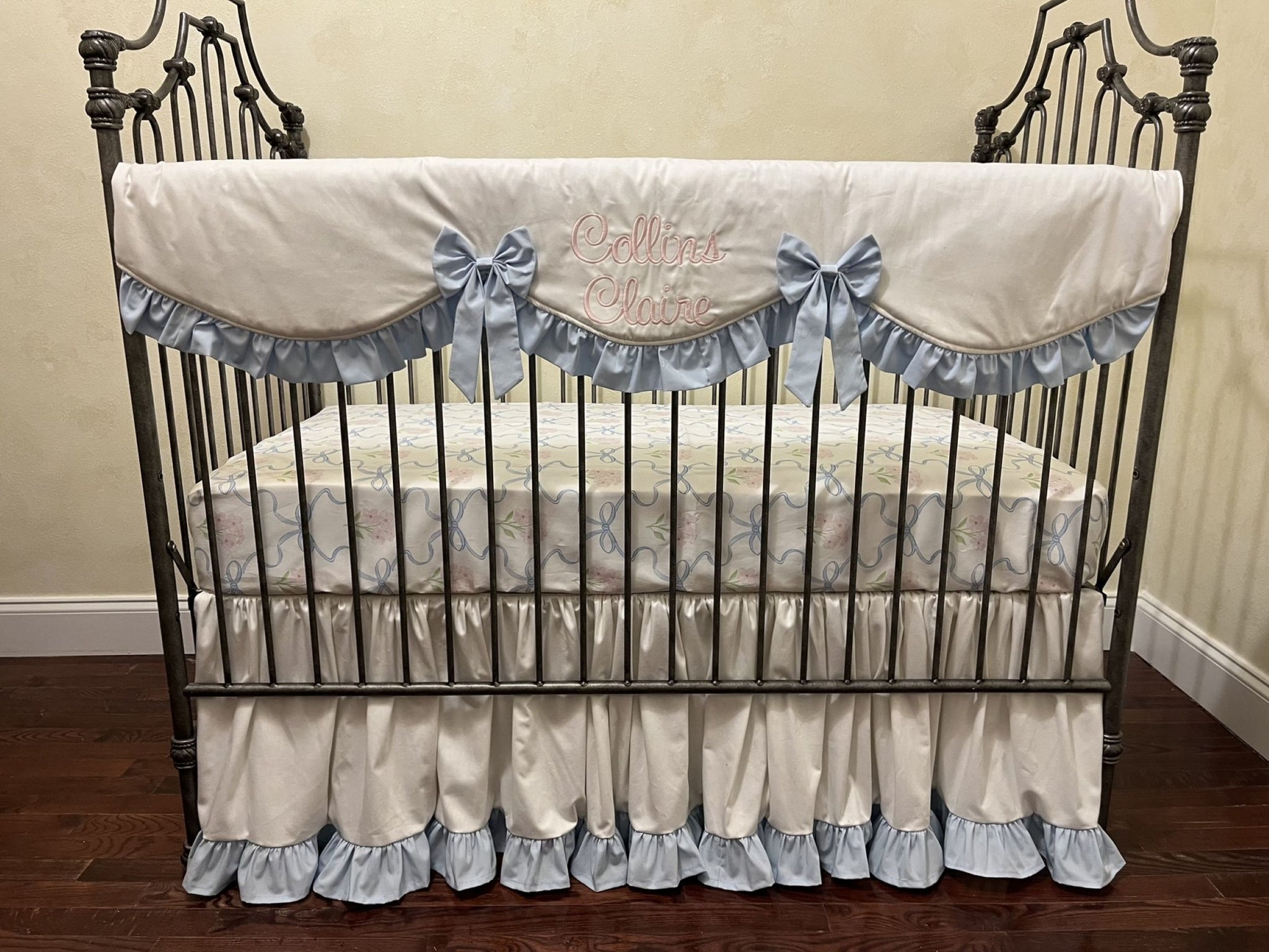 White and Pale Blue Girl Floral Bow Baby Bedding