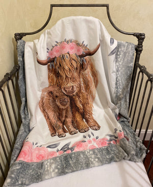 Highland Cow Pink Floral and Gray Blanket, Crib Blanket, Girl Baby Blanket, Minky Blanket, Personalized Blanket