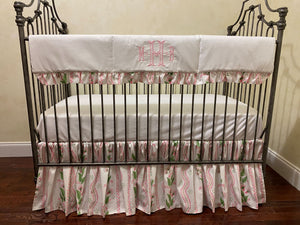 Girl Crib Bedding, Pink and Green Stripes and Vines Baby Bedding