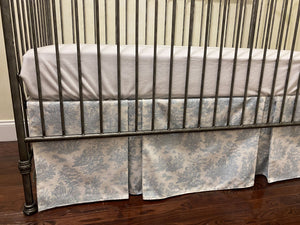 Blue Toile Crib Bedding, Baby Boy Crib Bedding, Toile Rail Cover, Double Pleated Crib Skirt