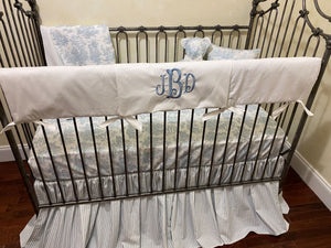 White and Blue Ticking Stripe with Blue Toile Crib Bedding, Baby Boy Crib Bedding