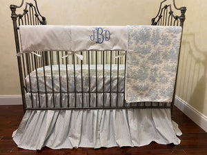 White and Blue Ticking Stripe with Blue Toile Crib Bedding, Baby Boy Crib Bedding