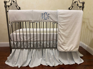 White and Blue Ticking Stripe Crib Bedding, Baby Boy Crib Bedding