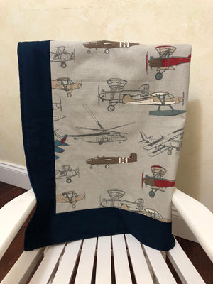 Airplane Baby Blanket, Baby Boy Airplane Blanket in Gray and Navy