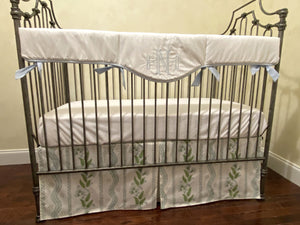 White with Soft Blue and Green Stripes & Vines Crib Bedding, Crib Rail Cover, Designer Crib Skirt