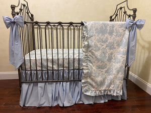 Blue Toile Crib Bedding, Toile Baby Bedding, Scalloped Crib Rail Cover, Gathered Crib Skirt