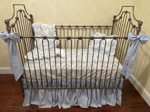 Blue Toile Crib Bedding, Toile Baby Bedding, Scalloped Crib Rail Cover, Gathered Crib Skirt