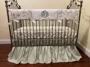 Nursery Rhyme Toile Crib Bedding, Sage Green Gingham Gathered Skirt, Boy Baby Bedding, Girl Crib Bedding