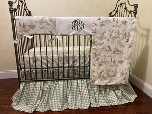 Nursery Rhyme Toile Crib Bedding, Sage Green Gingham Gathered Skirt, Boy Baby Bedding, Girl Crib Bedding