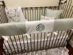 Nursery Rhyme Toile Crib Bedding, Sage Green Gingham, Boy Baby Bedding, Girl Crib Bedding