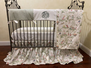 Nursery Rhyme Toile Crib Bedding, Sage Green Gingham, Boy Baby Bedding, Girl Crib Bedding