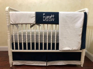 White, Navy Blue, and Gray Baby Boy Crib Bedding, Crib Rail Cover