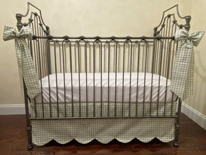 Sage Green Gingham Crib Bedding, Crib Rail Cover, Scalloped Crib Skirt, Boy Baby Bedding, Girl Crib Bedding
