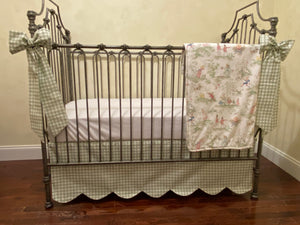 Sage green Gingham Crib Bedding,Nursery Rhyme Baby Beding, Scalloped Crib Skirt, Boy Baby Bedding, Girl Crib Bedding