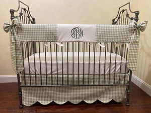 Sage Green Gingham Crib Bedding, Crib Rail Cover, Scalloped Crib Skirt, Boy Baby Bedding, Girl Crib Bedding
