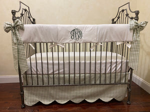 Sage green Gingham Crib Bedding,Nursery Rhyme Baby Beding, Scalloped Crib Skirt, Boy Baby Bedding, Girl Crib Bedding