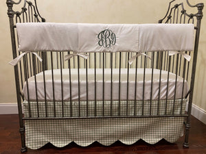 Sage Green Gingham Crib Bedding, Nursery Rhyme Baby Bedding, Scalloped Crib Skirt, Boy Baby Bedding, Girl Crib Bedding