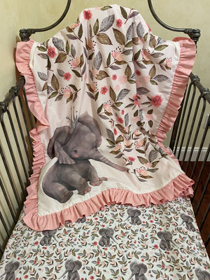 Baby Girl Boho Floral Elephant Crib Bedding- Pink and Gray Elephant Baby Girl Bedding