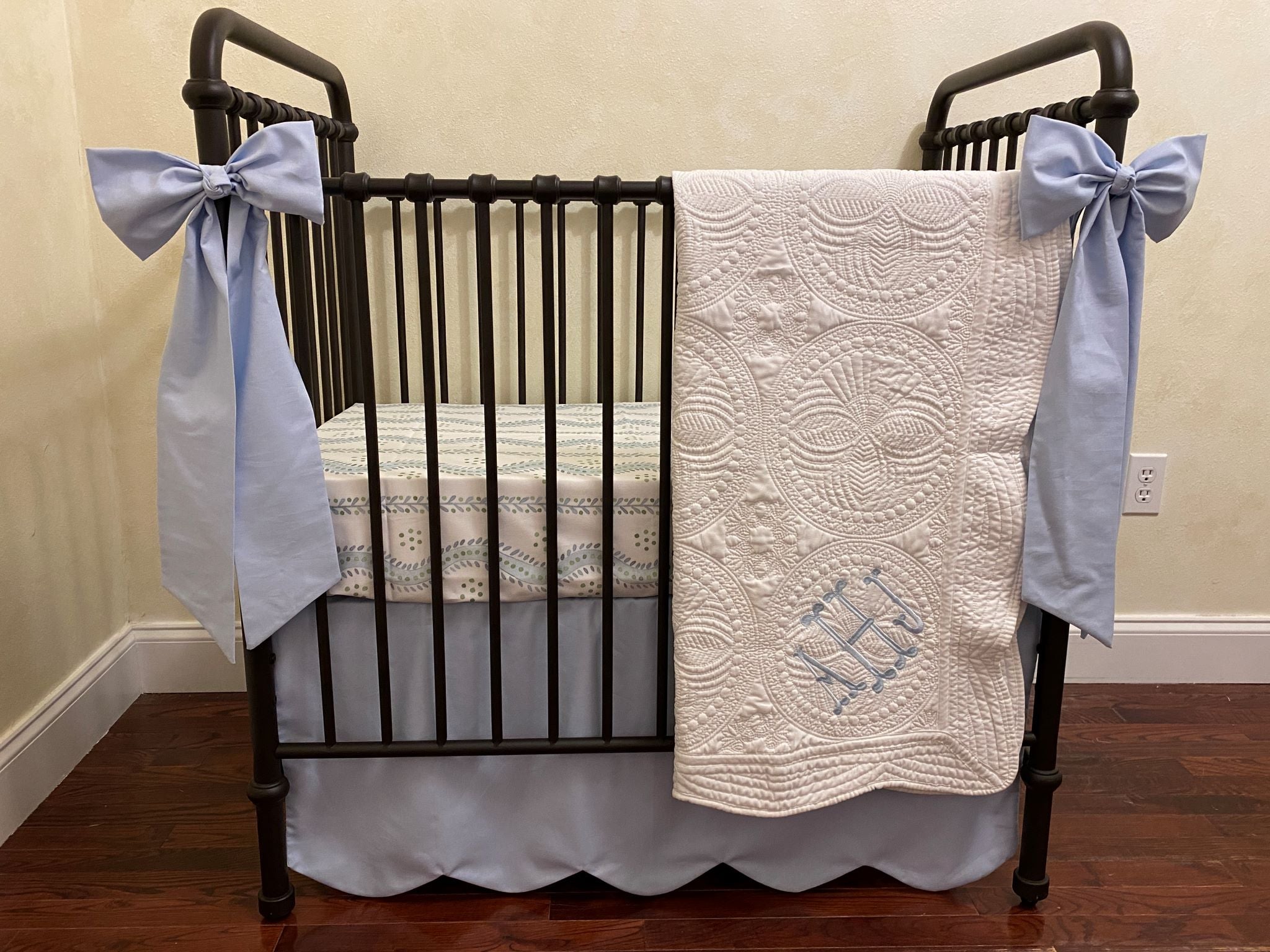 Light Pale Blue and White Mini Crib Baby Bedding, Mini Crib Skirt, Personalized Baby Blanket