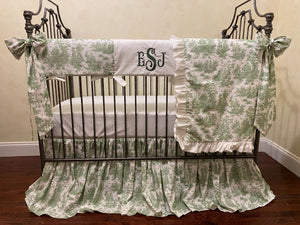 Green Toile Crib Bedding, Boy Baby Bedding, Girl Baby Bedding