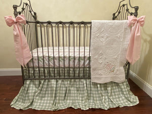 Pink and Green Floral Vines with Sage Green Gingham Baby Girl Crib Bedding