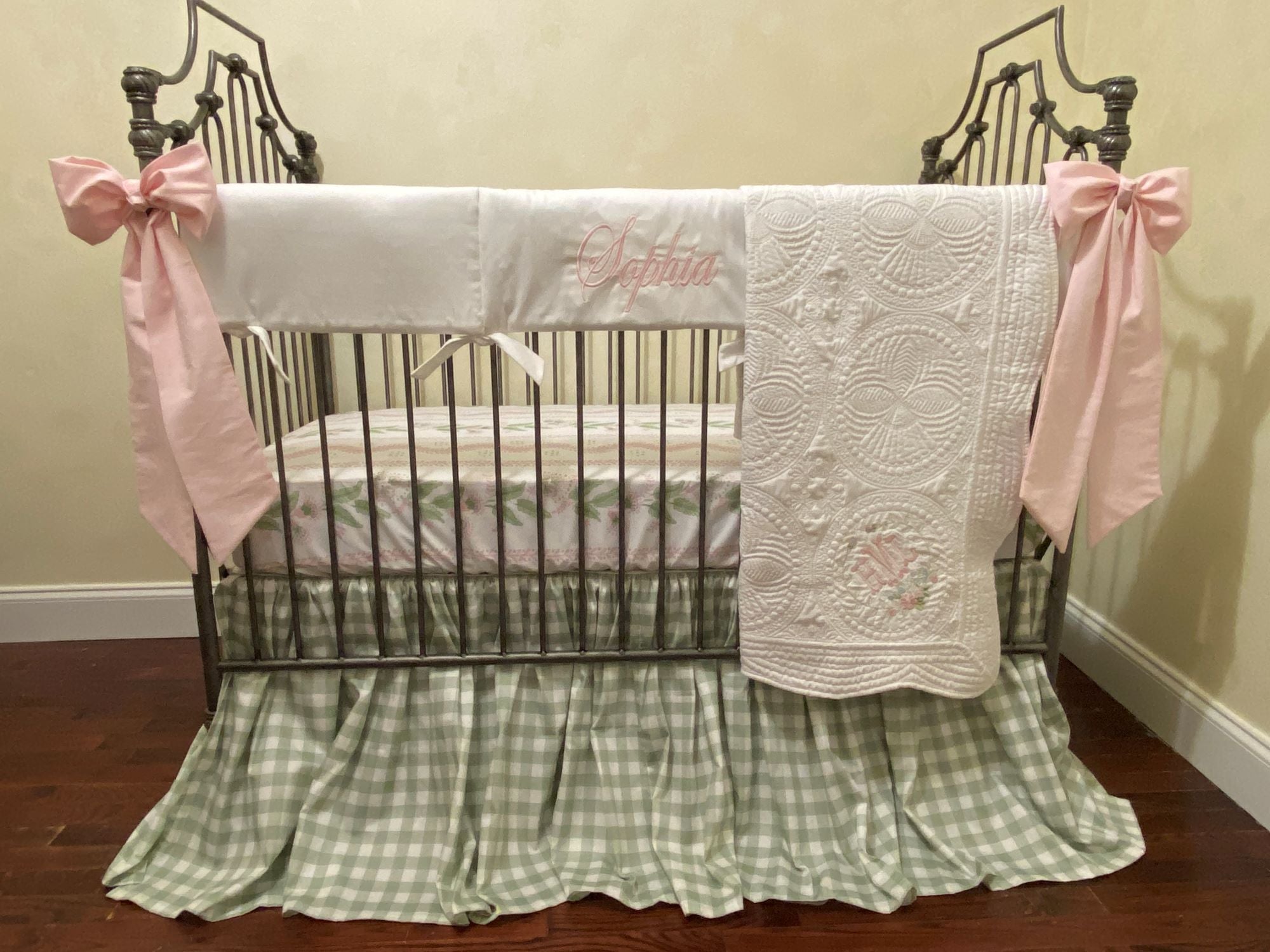 Pink and Green Floral Vines with Sage Green Gingham Baby Girl Crib Bed - Just Baby Designs Pink and Green Floral Vines with Sage Green Gingham Baby Girl Crib Bed - Just Baby Designs