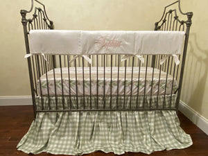 Pink and Green Floral Vines with Sage Green Gingham Baby Girl Crib Bedding