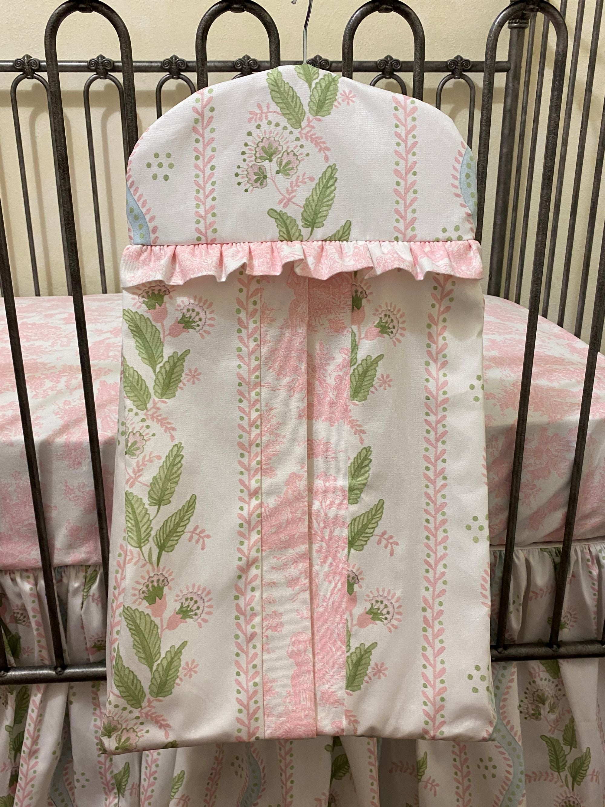 Diaper Stacker - Pink, Blue, and Green Floral Stripes and Vines with Pink Toile