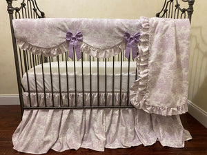 Lavender Toile Crib Bedding, Girl Baby Bedding, Scalloped Crib Rail Cover, Gathered Crib Skirt