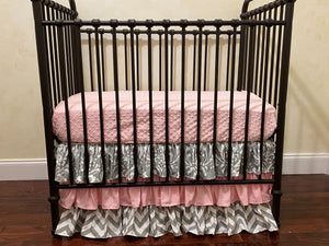 Gray and Pink Mini Crib Bedding - Girl Mini Crib Baby Bedding