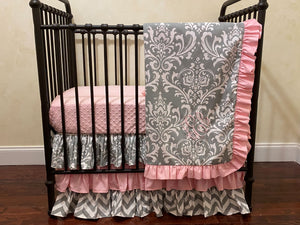 Gray and Pink Mini Crib Bedding Set - Girl Mini Crib Baby Bedding