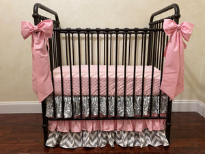 Gray and Pink Mini Crib Bedding Set - Girl Mini Crib Baby Bedding