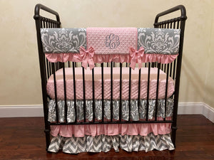 Gray and Pink Mini Crib Bedding Set - Girl Mini Crib Baby Bedding