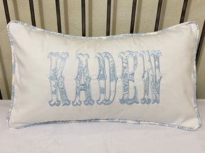 White and Toile Personalized Applique Accent Pillow