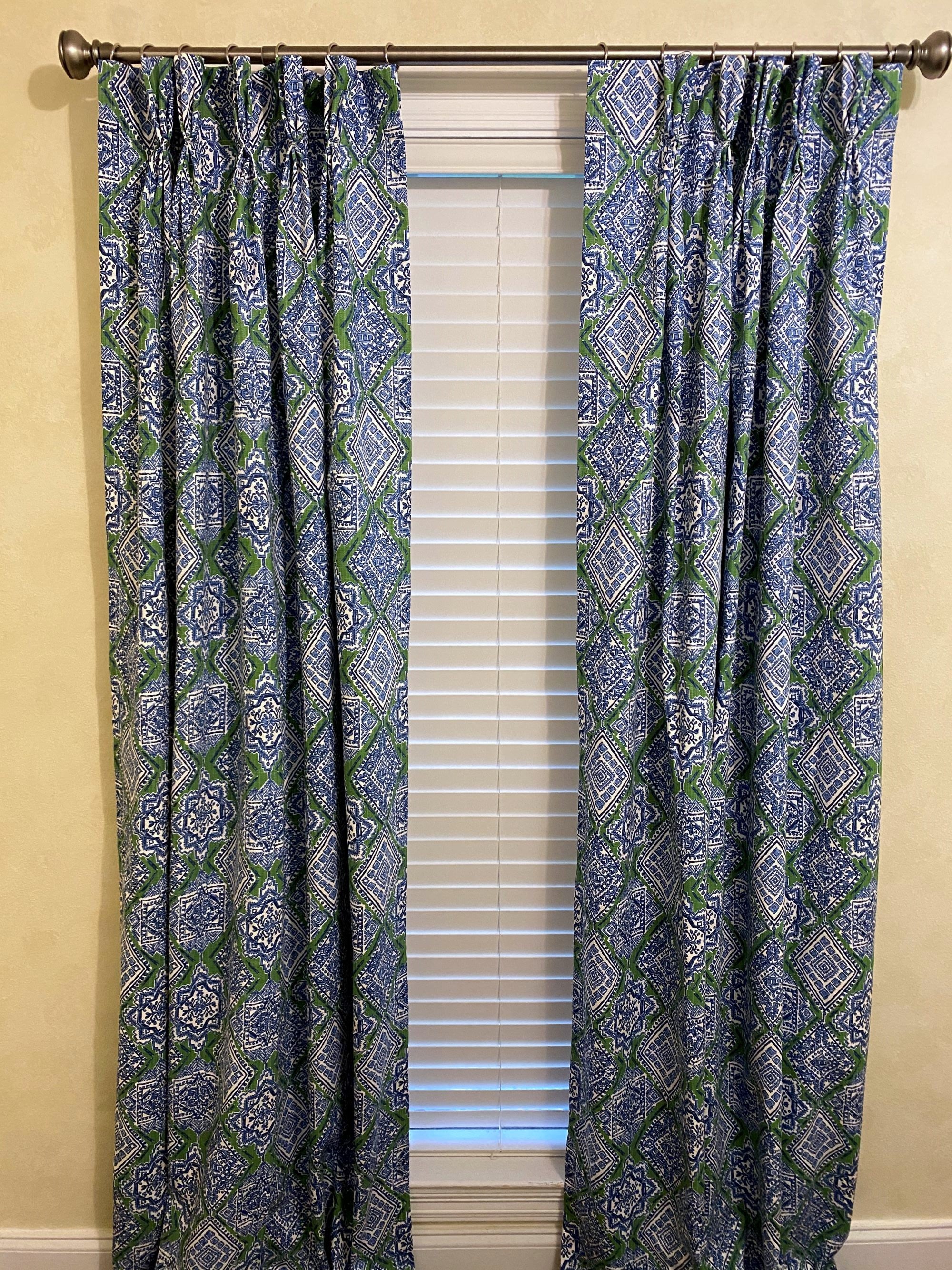 Blue and Green Medallion Damask Curtain Panels