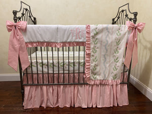 Baby Girl White and Light Pink with Floral Stripes Crib Bedding, Crib Rail Cover, Gathered Crib Skirt