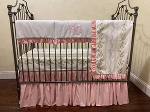 Baby Girl White and Light Pink with Floral Stripes Crib Bedding, Crib Rail Cover, Gathered Crib Skirt